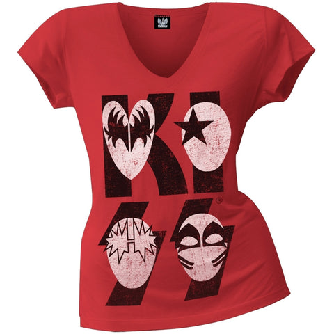 Kiss - Cartoon Mask Logo V-Neck Juniors T-Shirt
